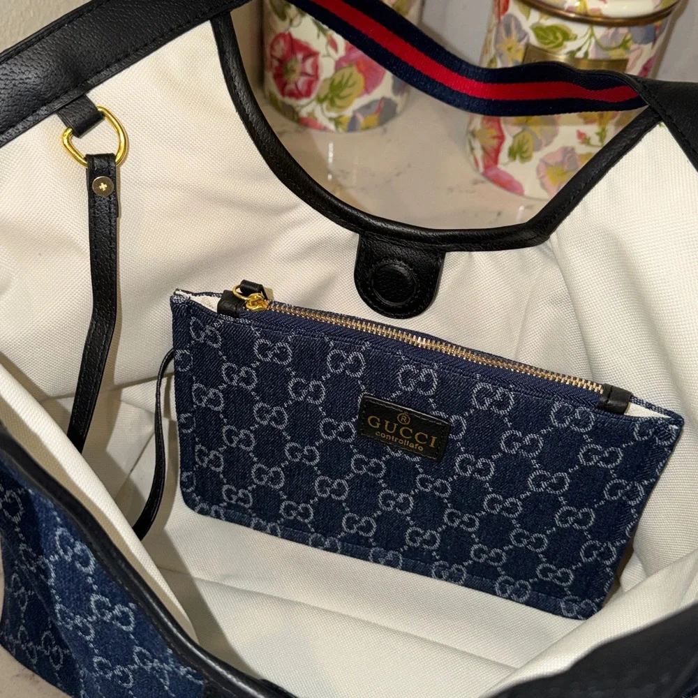 Gucci Blue GG Canvas Tote with Red and Navy Stripe